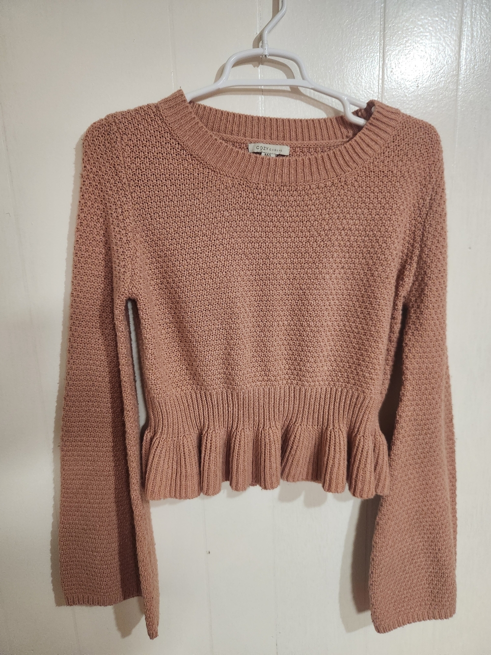 Cozy Casual Cropped Peplum Knit Sweater Dusty Rose Pink Bell Sleeve M/L